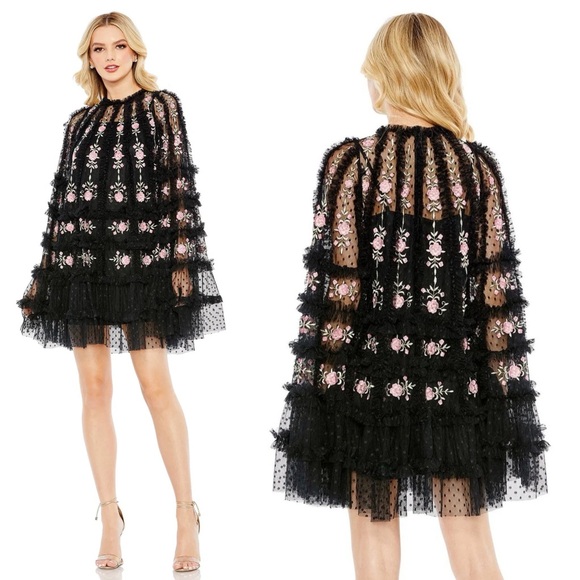 NWT 8031 Mac Duggal Embroidered Floral Long Flare Sleeve Mesh A-Line Dress - Picture 1 of 5